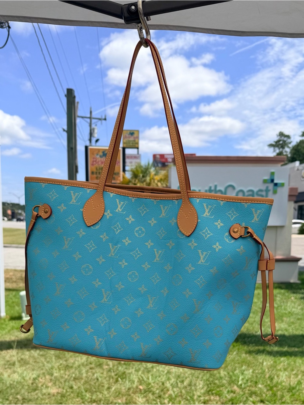 Louis Vuitton Turquoise Monogram Canvas Neverfull with Tan Trim